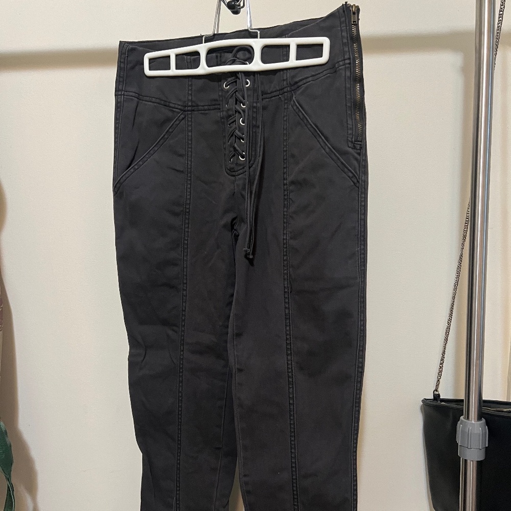 Gray Tie Up Straight Leg Pants